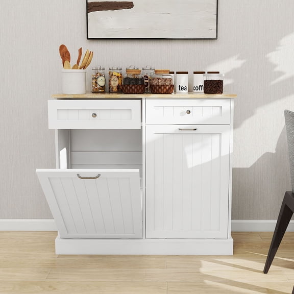 S-HOME White Tilt-Out Trash Cabinet Featuring Two Drawers and Compartment, Kitchen Organization Solution for Every Home