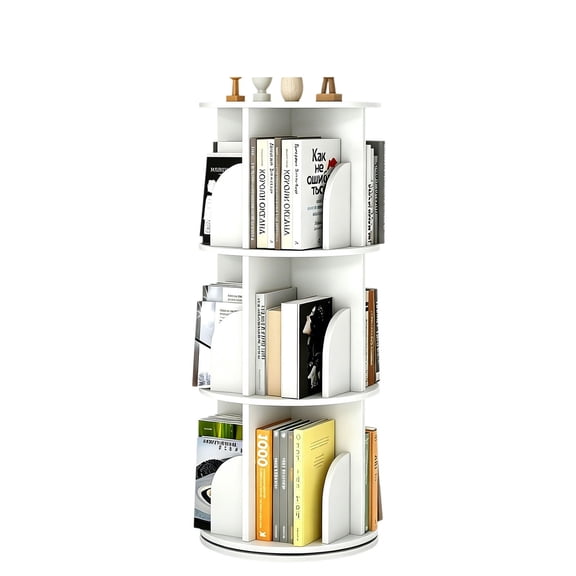 S-HOME White Wooden 3 Tier Rotating Bookshelf 360 Spinning Storage Rack Perfect for Organizing Small Spaces