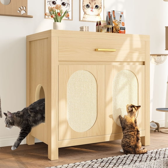 S-HOME Wooden Cat Litter Box Enclosure With Scratching Board And Storage Drawer, Hidden Cat Furniture Nightstand Cabinet