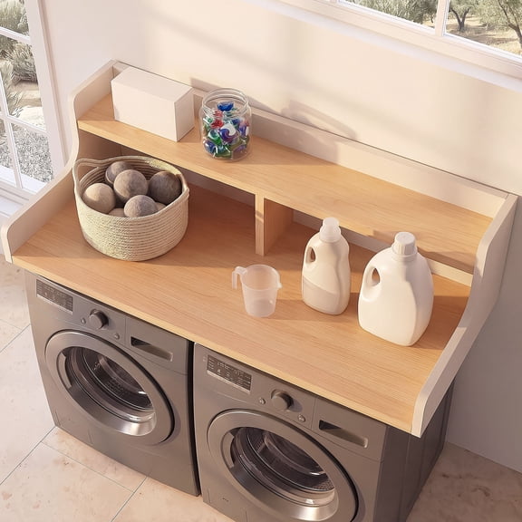 S-HOME Wooden Washer Dryer Countertop, 54 Inch Width and 27.6 Inch Depth, Multi-Level Topper for Enhanced Laundry Efficiency，Natural