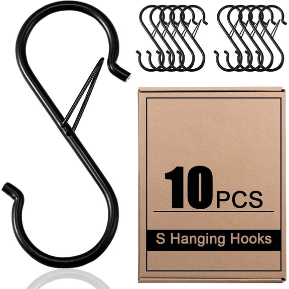 S Hooks for Hanging with Safety Buckle, Heavy Duty Metal S Shaped Closet Hooks for Hanging Plants, Kitchen Utensils, Jeans, Bags, Pots, Black