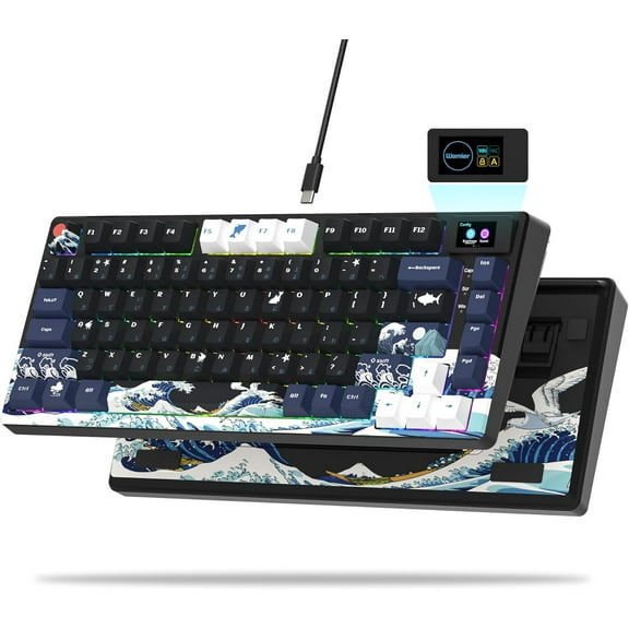 S-K80 75% Keyboard with Color Multimedia Display Mechanical Gaming Creamy Sound, Wired Hot Swappable Gasket Mount RGB Custom Key board, Pre-lubed Stabilizer for Mac/Win, Black Kanagawa