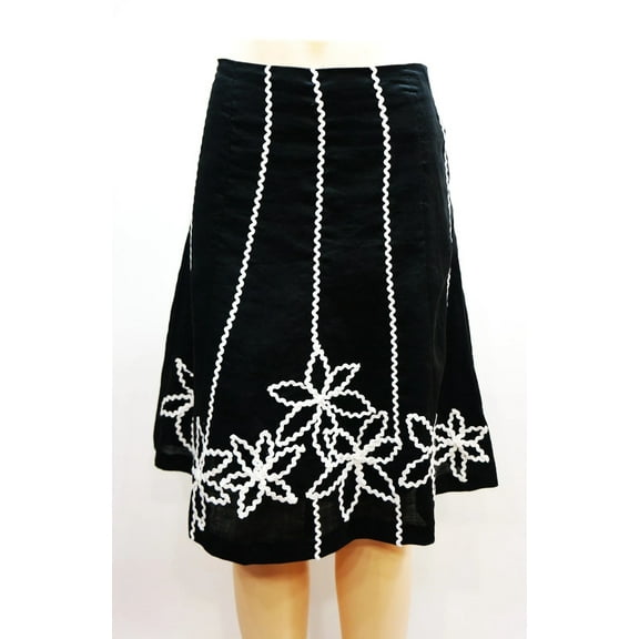 S.L.B. Petite Black A-Line Floral Linen Skirt, Black Women's 12P