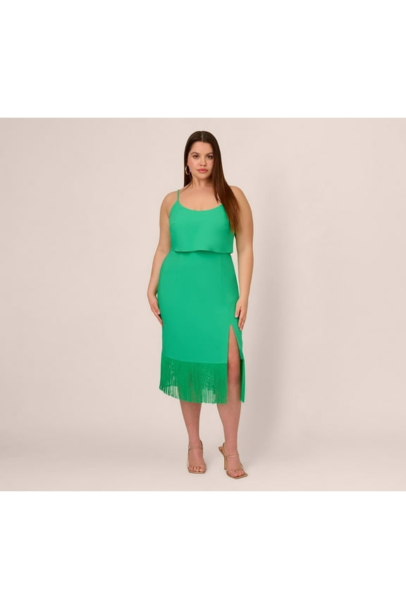 Plus Size Stretch Crepe Popover MIDI Dress with Fringe Hem in Summer Green