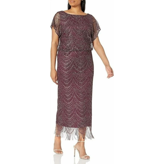 S.L. Fashions Crochet Boat Neck Cap Sleeve Midi A-line Metallic Dress, Women's