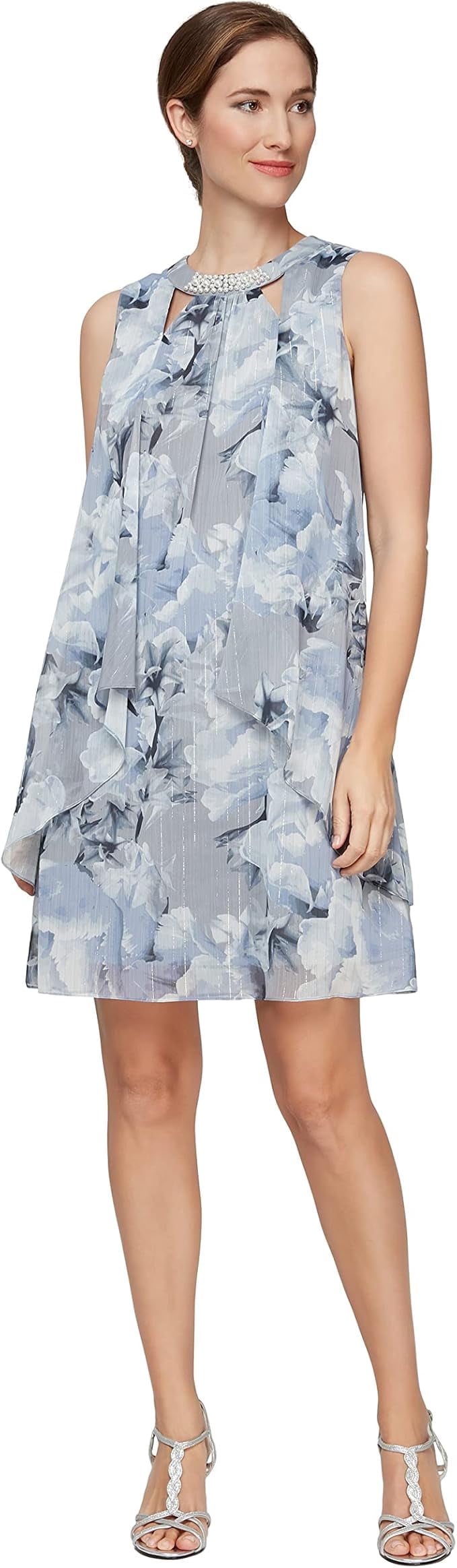 S.L. Fashions Women's Floral Shimmer Cape Dress - Beaded Overlay Cocktail Dress