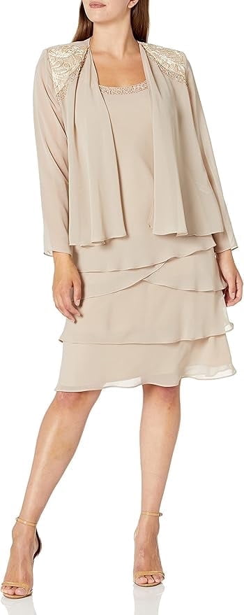 Sl Fashions Lace Tiered Dress and Jacket - Ivory/Cream 12