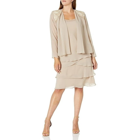 S.L. Fashions Women's Mother of The Bride Tiered Jacket Dress with Shoulder Embellishment, Dress & Jacket, Women's