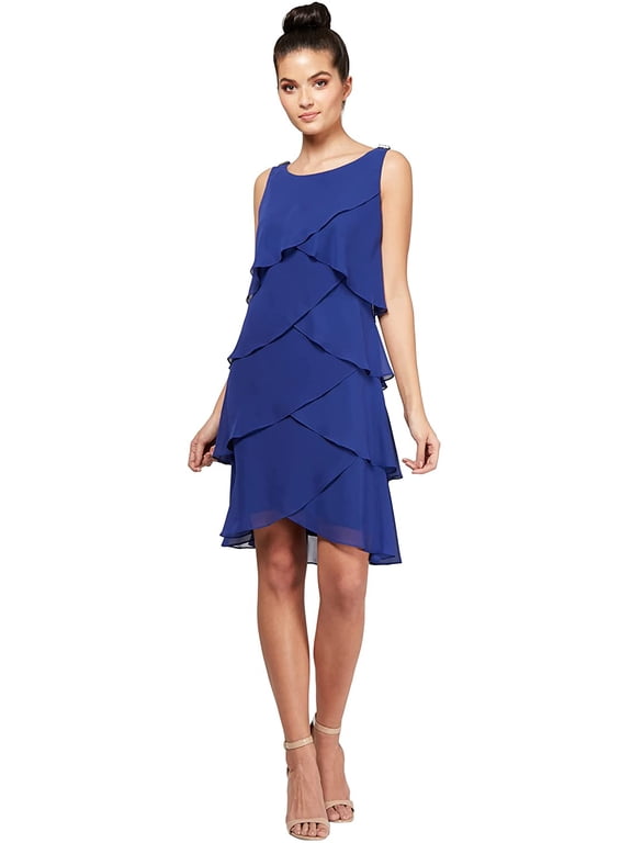 S.L. Fashions Womens Sleeveless Chiffon Tiered Cocktail Dress Petite and Missy 16 New Iris