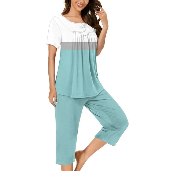 S LUKKC LUKKC 2 Piece Lounge Sets for Women Casual Summer Capri Pajama Sets Short Sleeve Top Capri Pants Loungewear Vacation Outfits Trendy Sleepwear 2 Piece Pj Sets Round Neck Short Matching Sets