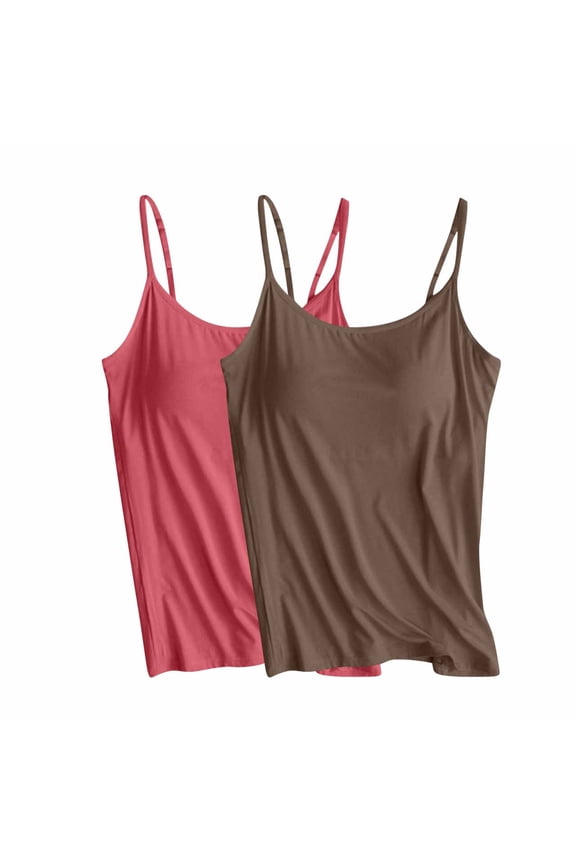 2Pc Camisole Tank Top for Women with Built In Bra Padded Spaghetti Strap Sleeveless Camisole with Chest Pad No Steel Rings Bottom Underwear Yoga Sports Tops Layering Tanks Undershirt