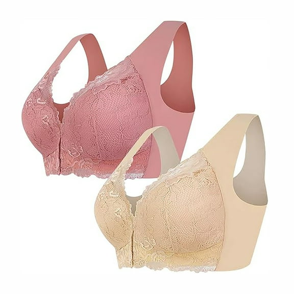 S LUKKC LUKKC 2Pc Plus Size Front Closure Bras for Women No Underwire Front Buckle Bras Wireless Lace Full Coverage T-Shirt Bra Push Up Bra Comfort Support Sleeping Bras Everyday Bras