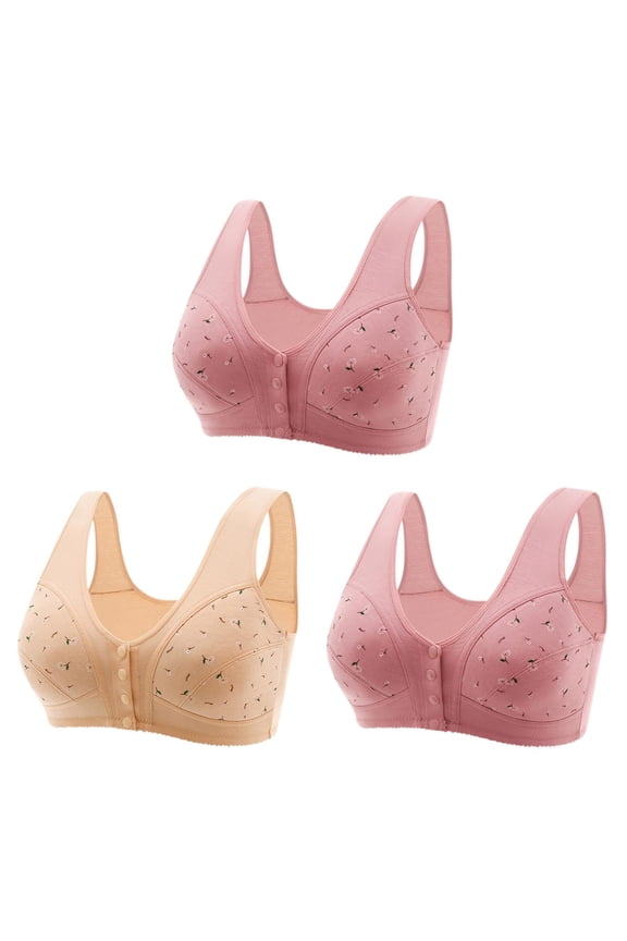 3Pc Front Button Bras for Women Plus Size Front Closure Bras Full Coverage No Underwire Bras for Seniors Wireless Front Close Push Up Bra Comfort Support Sleeping Everyday Bras