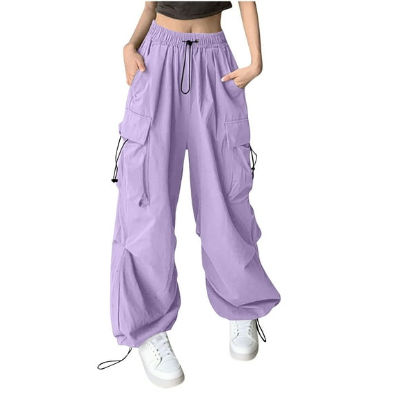 S LUKKC LUKKC Baggy Parachute Pants for Women High Waisted Drawstring Elastic Waist Cargo Pants Jogger Y2K Casual Pants Dance Versatile Trousers with Multiple Pockets