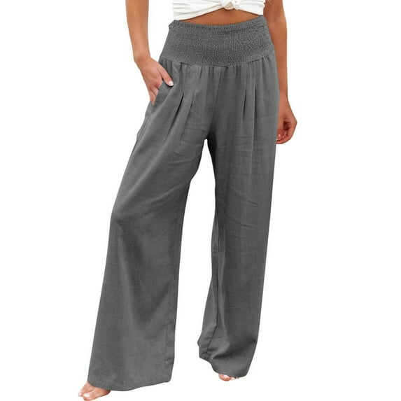 S LUKKC LUKKC Cotton Linen Palazzo Pants for Women Summer High Waisted Elastic Wide Leg Long Lounge Pant Trousers with Pocket Casual Solid Color Loose Straight Pants