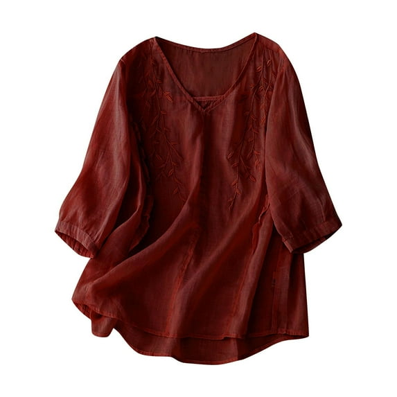 S LUKKC LUKKC Cotton Linen Shirts for Women Summer Tops 3/4 Sleeve Plus Size Floral Embroidery V-Neck Pullover Tunic Tops Loose Fit Blouses T-Shirt Dressy Casual Vacation Work Tops