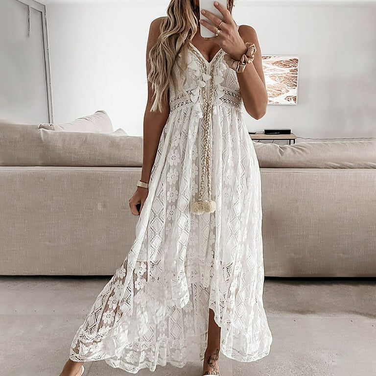 White Boho Maxi Dress Sleeveless S LUKKC LUKKC Holiday