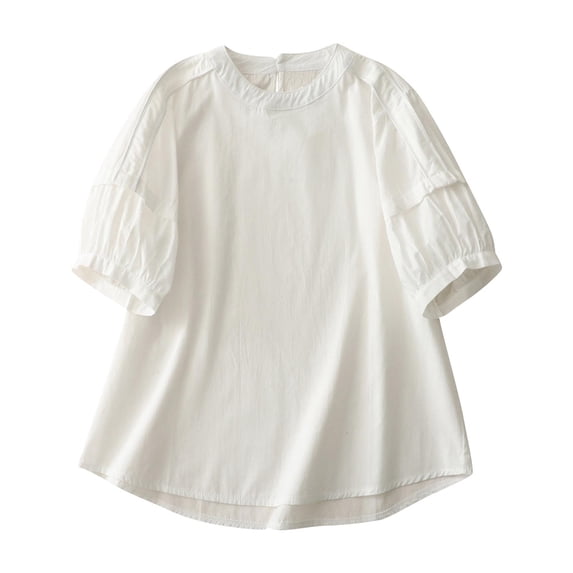 Fsgntruao Linen Shirts for Women Summer Tops 3/4 Sleeve Plus Size Round Neck Pullover Tunic Tops Loose Fit Blouses T-Shirt Dressy Casual Vacation Work Tops