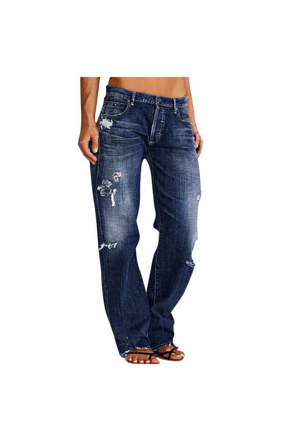 Ripped Wide Leg Jeans For Women Mom Baggy Straight Leg Stretchy Boyfriend Trendy Trouser Denim Pants