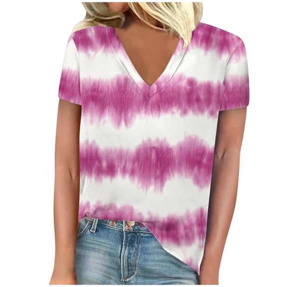 S LUKKC LUKKC Summer Top for Women Tie-Dye Printed V-Neck Short Sleeve Loose Fit Tshirts Blouses Business Casual Workout Tunic Tops for Leggings Trendy Fashion Beach Vacation Clothes Outfits