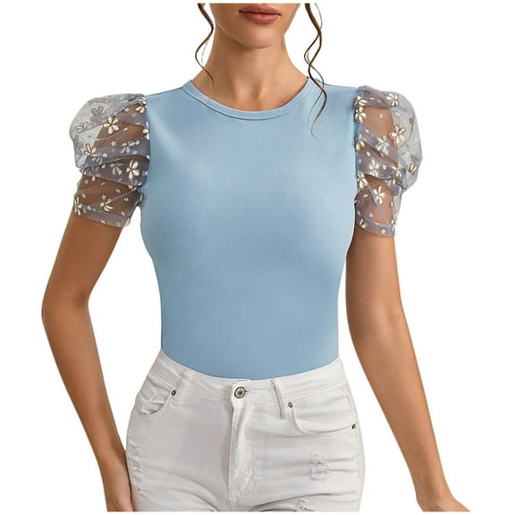S LUKKC LUKKC Summer Tops for Women Flower Lace Short Sleeve Round Neck Top Dressy Casual Loose Fit Pullover Tunic Tops Cute Tee Workout Shirts Beach Vacation Outfits Business Tshirts Fashion Clothes
