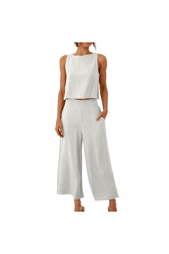 2 Piece Outfits for Women Cotton Linen Sleeveless Crop Top Wide Leg Capri Pants with Pockets Summer Beach Matching Sets