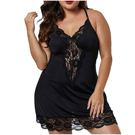 S LUKKC LUKKC Women's Plus Size Satin Silk Lingerie Lace Trim Chemise Babydoll Pajamas Sexy V Neck Mesh Sheer Racerback Nightgowns Mini Bridal Nightdress for Girls, S-5XL