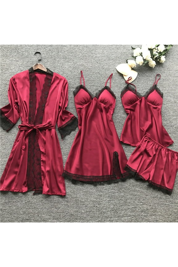 Women's Plus Size Silk Satin Sexy Pajamas Set 4 Piece Lingerie Floral Lace Cami Sleepwear with Robe Sexy Satin Nightgown Nightdress Babydoll Nightwear Kimono Set