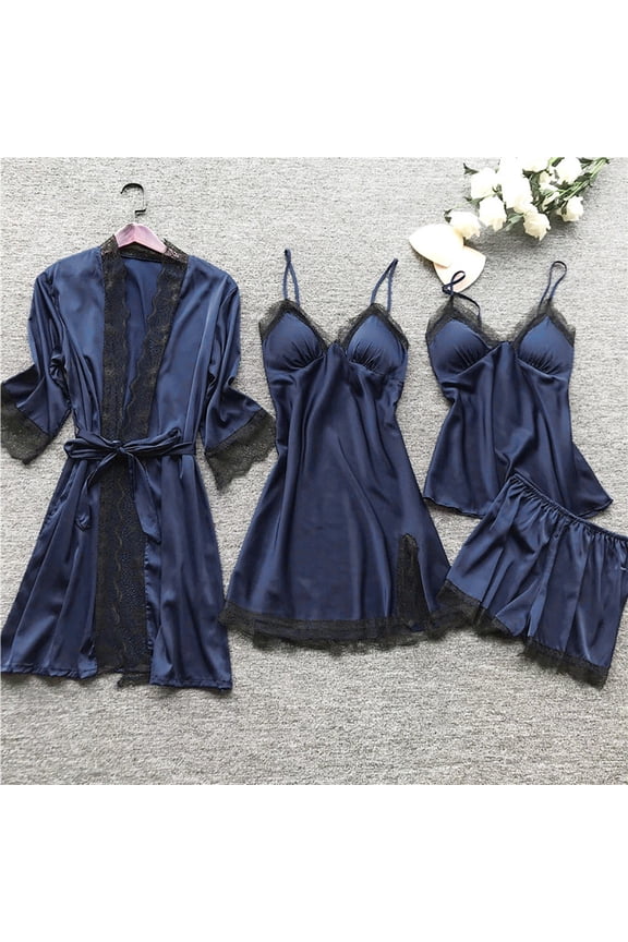 Women's Plus Size Silk Satin Sexy Pajamas Set 4 Piece Lingerie Floral Lace Cami Sleepwear with Robe Sexy Satin Nightgown Nightdress Babydoll Nightwear Kimono Set