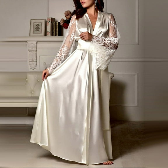 S LUKKC LUKKC Women's Satin Robe Sexy Silk Kimono Bathrobes with Lace Trim Comfy Long Sleeve Sleepwear Bridesmaid Wedding Party Long Nightgown, S-XL