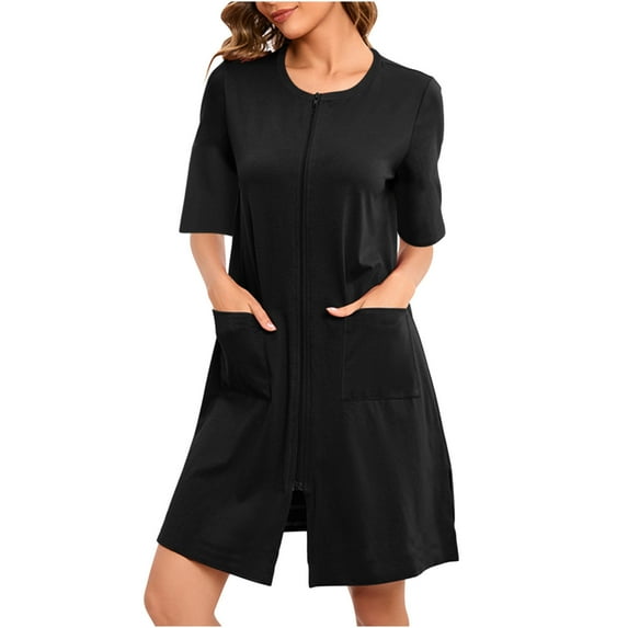 S LUKKC LUKKC Zipper Front Robes for Women Long House Coat 3/4 Sleeve Bathrobe Long Nightgown with Pockets Soft Loose Pajamas wear Nightshirt Casual Sleepwear Home Dress