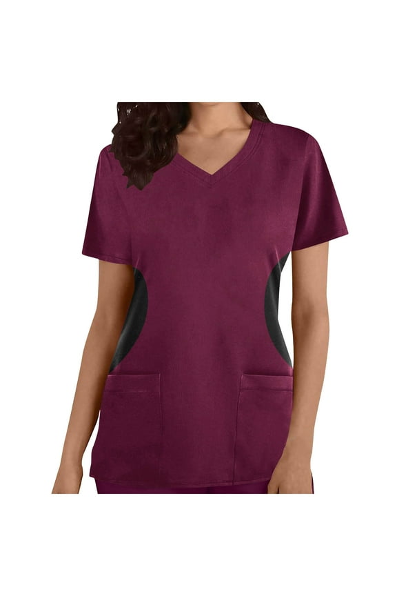 Scrubs Top For Women V-Neck Workwear Soft Stretch Easy Care With Pocket Soild Color Pullover Blouse Short Sleeve Working Uniform Tops Medical Scrub Shirts
