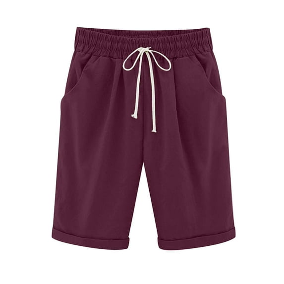 JGTDBPO Plus Size Bermuda Shorts For Women Cotton Linen Pants Casual Solid Drawstring Elastic Waist Knee Length Pants With Pocket Comfy Loose Athletic Shorts Jogger Sweat Shorts