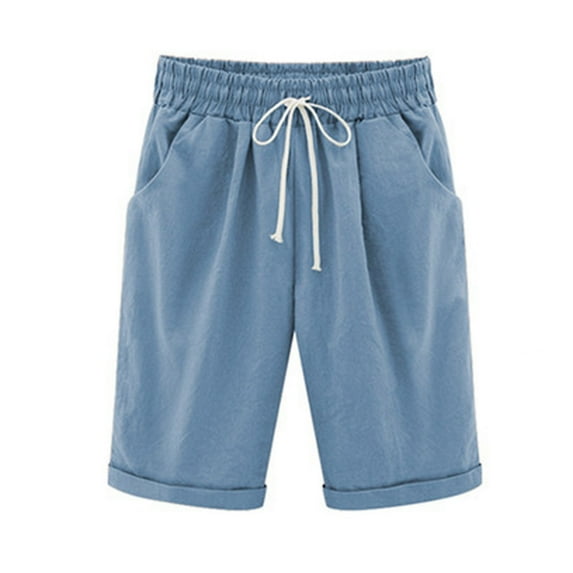 JGTDBPO Plus Size Bermuda Shorts For Women Cotton Linen Pants Casual Solid Drawstring Elastic Waist Knee Length Pants With Pocket Comfy Loose Athletic Shorts Jogger Sweat Shorts