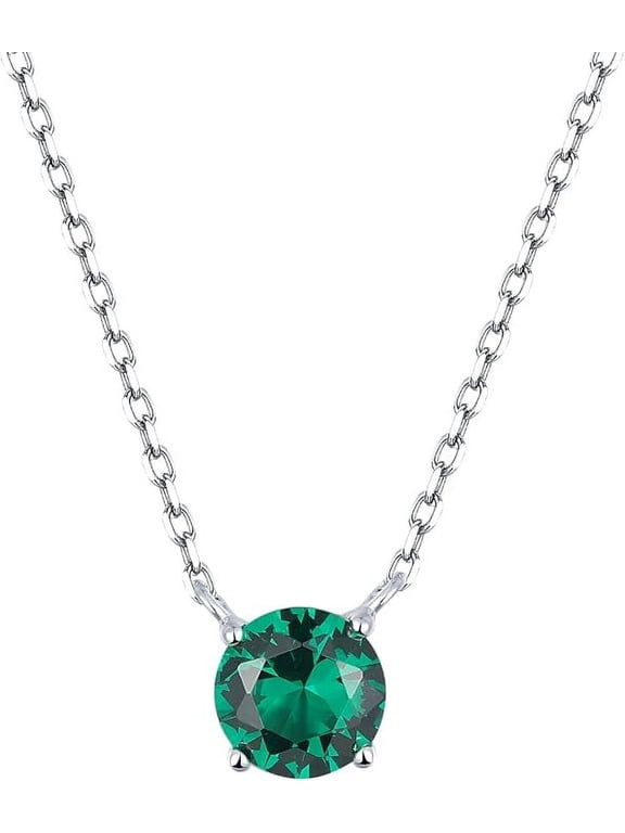 Beautiful 1 Carat Round Cut -Emerald - May Birthstone Solitaire Pendant Necklace in S925 Sterling Silver Plated, Female, Adul