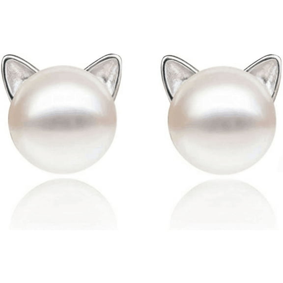 S.Leaf Cat Earrings Pearl Earrings Sterling Silver Studs Earrings for Women Cat Lover Gift