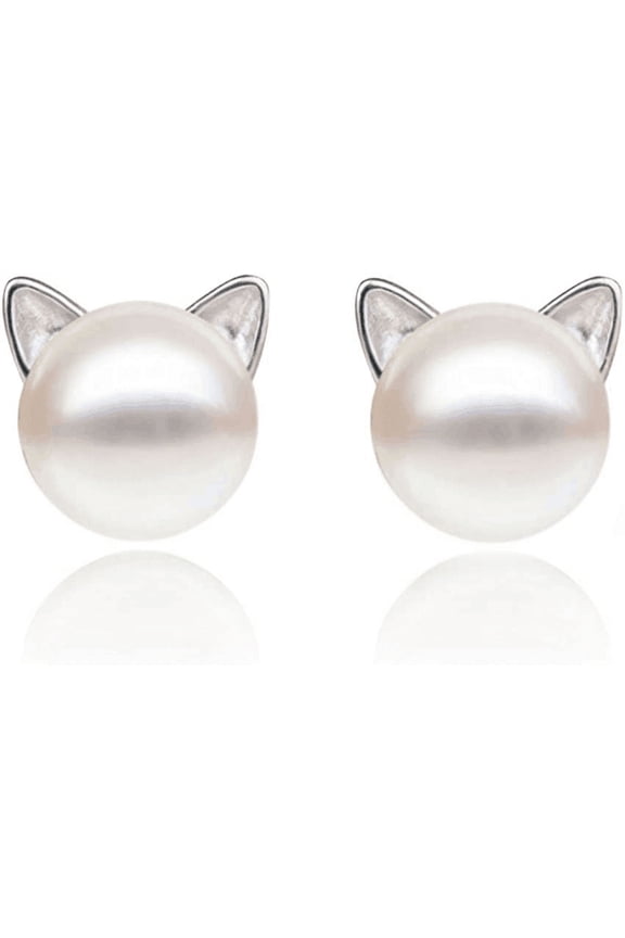 Cat Earrings Pearl Earrings Sterling Silver Studs Earrings for Women Cat Lover Gift