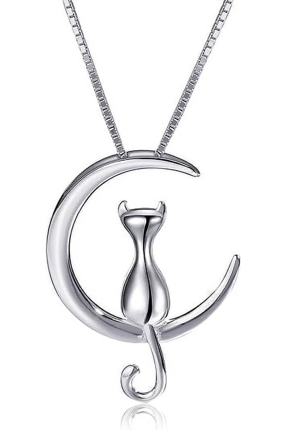 Cat Necklace Cat Gifts for Cat Women Lovers Cat Memorial Gifts for Loss of Cat Cat Jewelry Cat Lady Gifts Sterling Silver Cat Moon Necklace（silver）