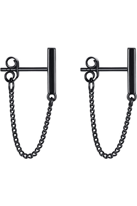 Chain Earrings Sterling Silver Stud Earrings Bar with Chain Dangle Earrings Gold Earrings for Women（Black）