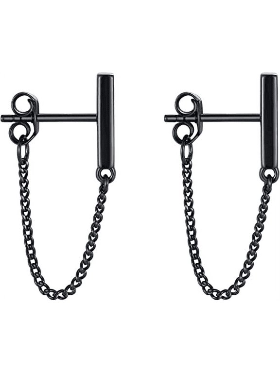 Chain Earrings Sterling Silver Stud Earrings Bar with Chain Dangle Earrings Gold Earrings for Women(Black)