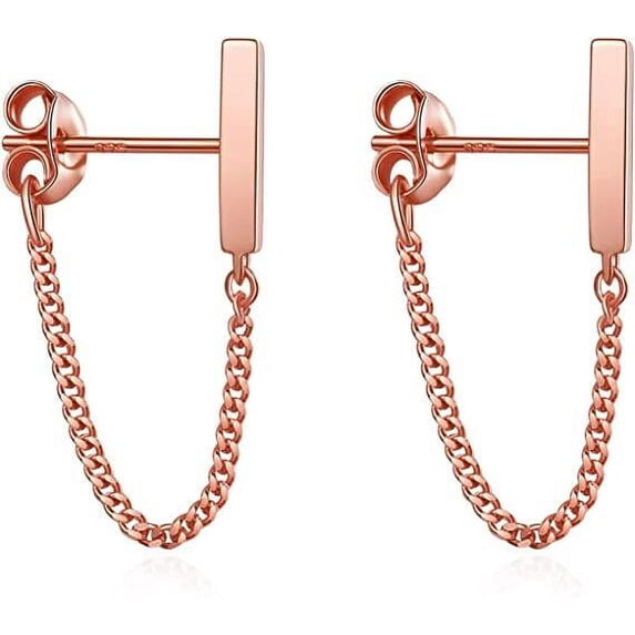 S.Leaf Chain Earrings Sterling Silver Stud Earrings Bar with Chain Dangle Earrings Gold Earrings for Women(Rose Gold)