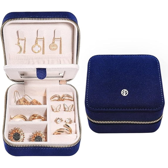 S.Leaf Plush Velvet Travel Jewelry Box Organizer, Travel Jewelry Case, Jewelry Travel Case for Women, Travel Jewelry Case Organizer, Small, Portable Jewelry Boxes with Mirror(Navy)
