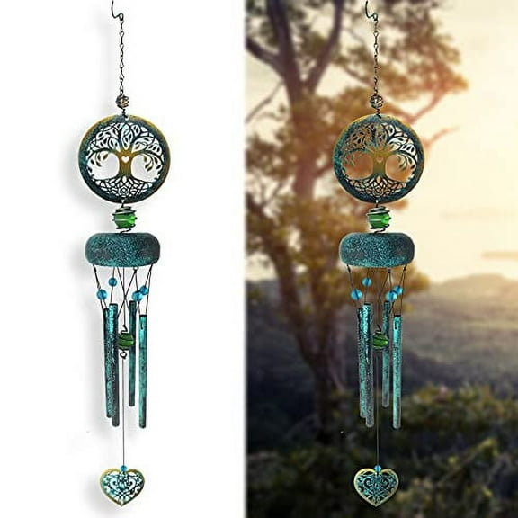 S-Light 27 inches Blue Metal Tree of Life Wind Chimes, 4 Tuned Tubes Retro Memorial Garden Decor