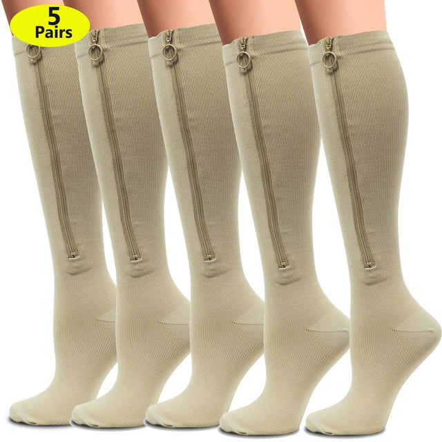 S/M(5 Pack) Zipper Compression Socks for Women Men, 20-30mmHg Closed Toe Knee High Support Socks, Wide Plus Size Calf Compression Stockings,ChYoung