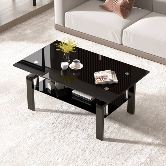 SMARTIK Black Glass Coffee Table with Two-Tier Rectangle Design