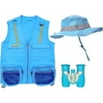 thumbnail image 1 of S/M Blue 3 Piece Set Cargo Vest with Reflective Safety Straps, 1 8x21 Magnification Binoculars and Safari Hat for Boys and Girls (Small/Medium, Light Blue Vest, Hat and Light Blue Binoculars), 1 of 4