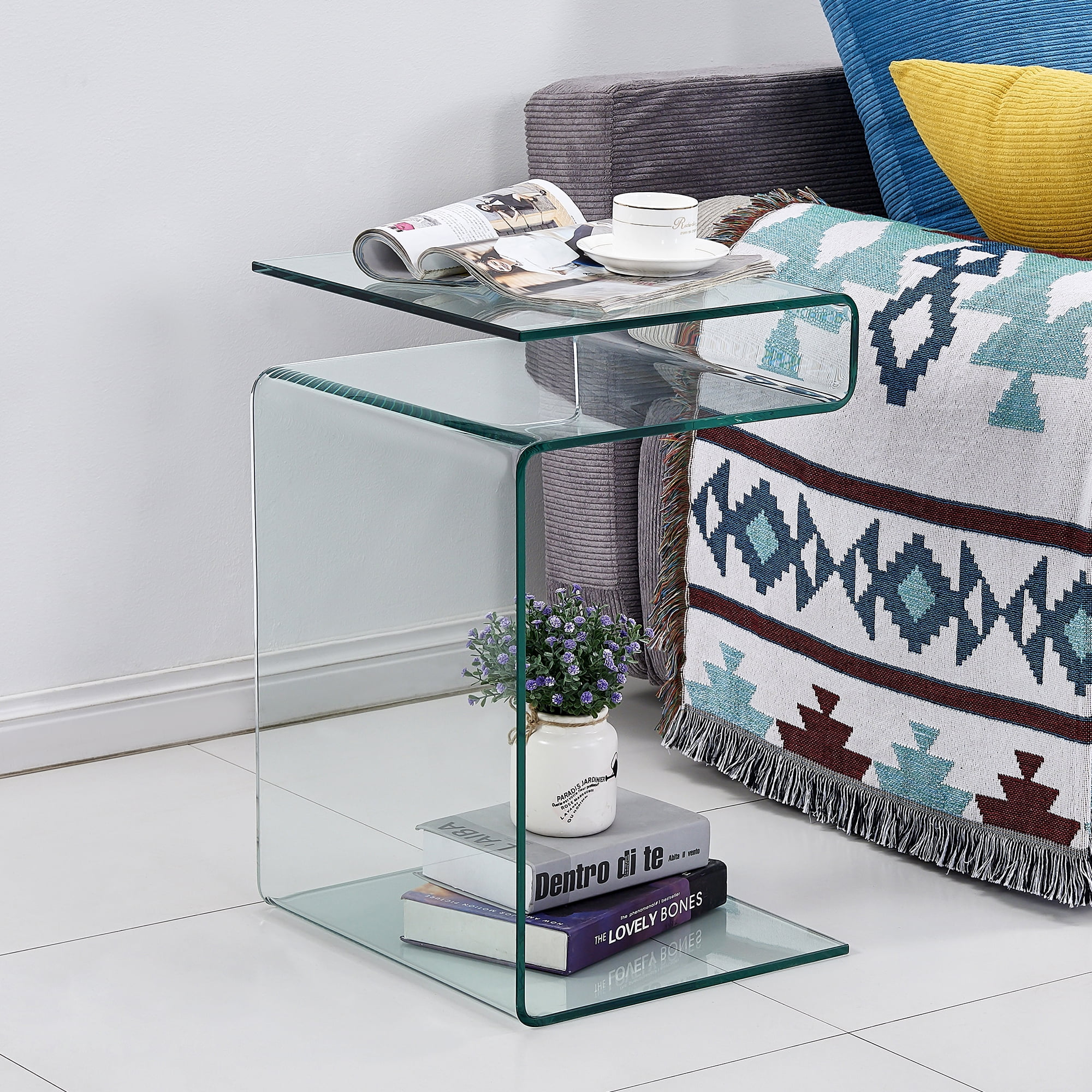 S&M Clear Glass End Table, SShape Nightstand Side Table for Living