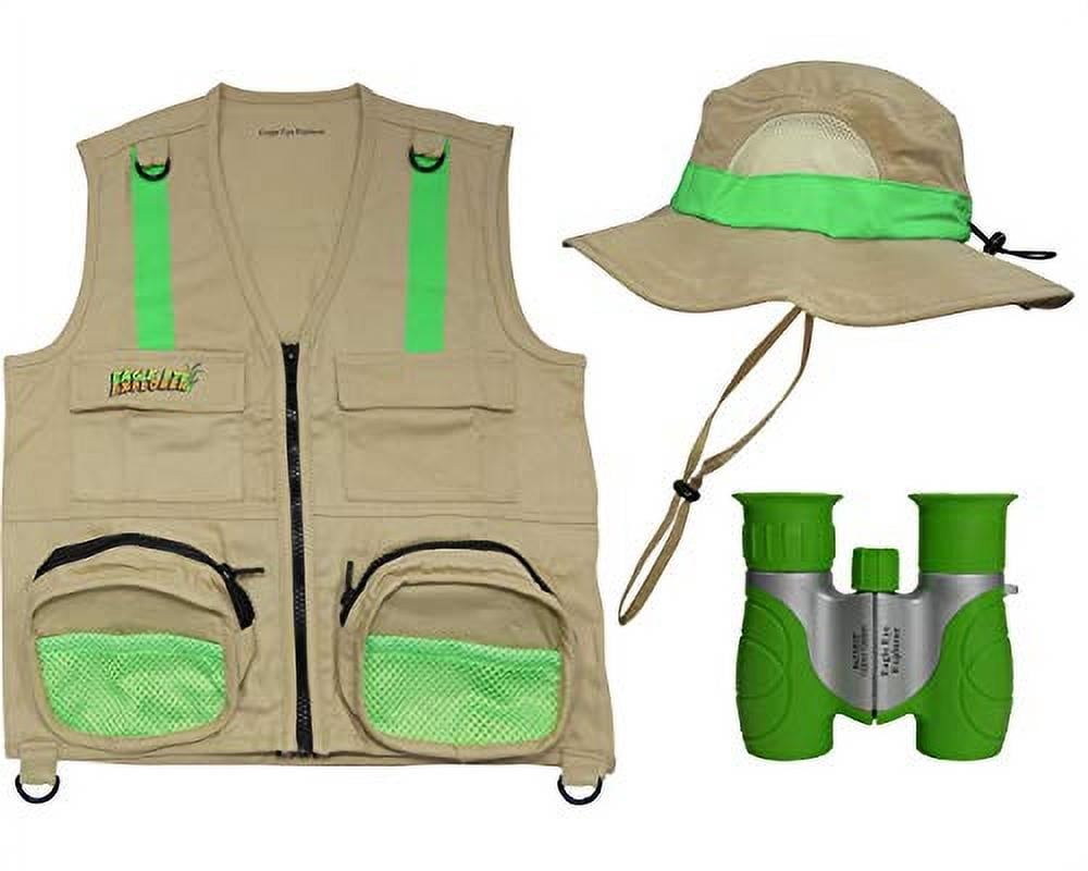 S/M Combination Set: 1 Tan Cargo Vest for Kids with Reflective Safety Straps - 1 Floppy Bucket Hat with Chin Strap - 1 8x21 Power Binoculars with Soft Rubber Eye Piece, Waterproof & Shcok-Resistant