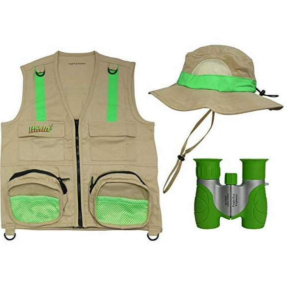 S/M Combination Set: 1 Tan Cargo Vest for Kids with Reflective Safety Straps - 1 Floppy Bucket Hat with Chin Strap - 1 8x21 Power Binoculars with Soft Rubber Eye Piece, Waterproof & Shcok-Resistant