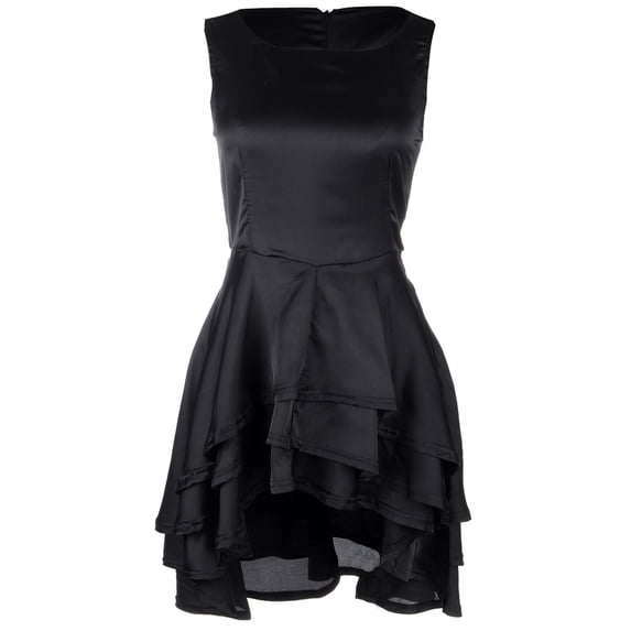S/M Fit Black Multilayered Flared Uneven Hem Boat Neck Dress